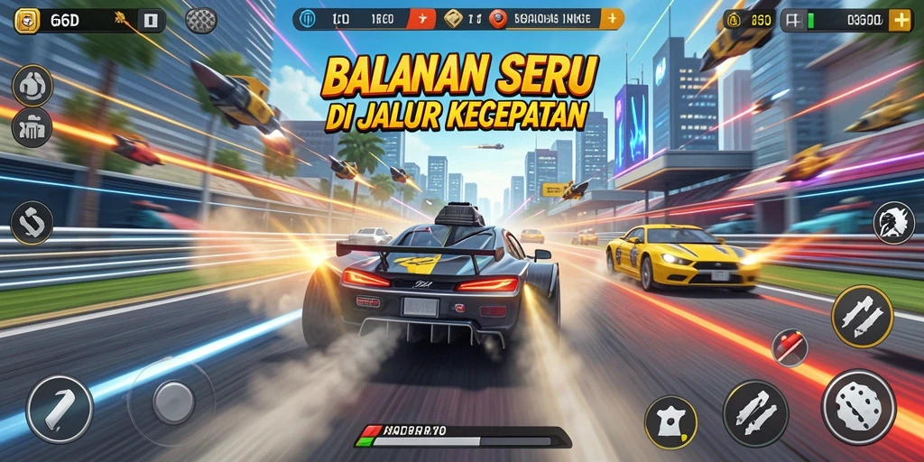 Tampilan gameplay seru di 66D dengan mobil balap cepat.
