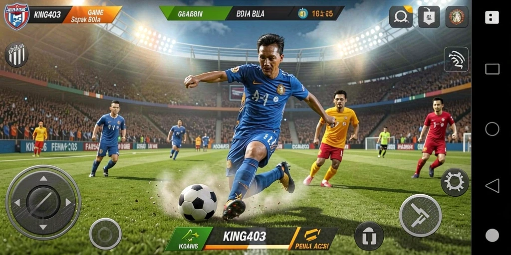 Screenshot KING403 menampilkan pertandingan sepak bola yang intens dan grafis menawan.