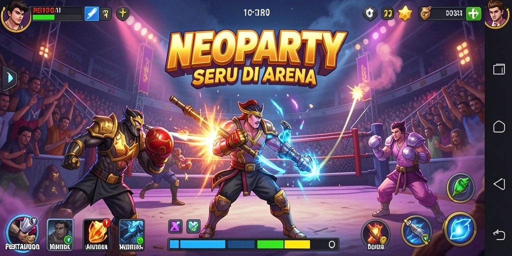 Tangkapan layar NEOPARTY menampilkan pertarungan intens antara karakter di arena.