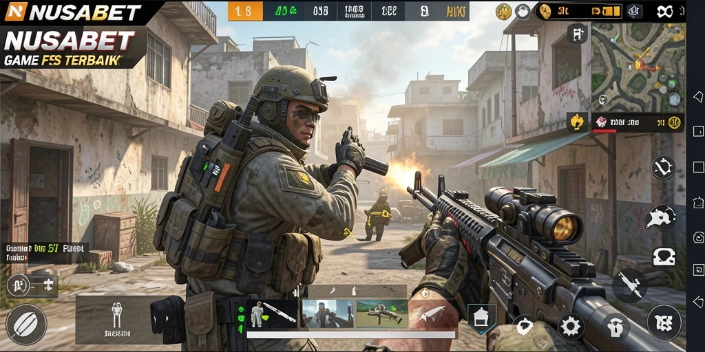 Gameplay intens NUSABET dalam mode tembak-menembak.