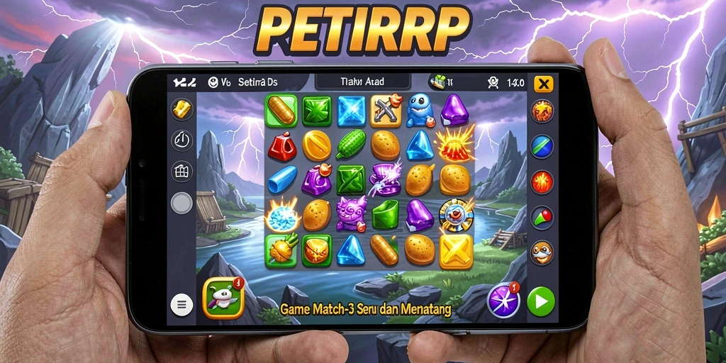 Tampilan gameplay seru PETIRRP dengan aksi Match-3 yang menarik.