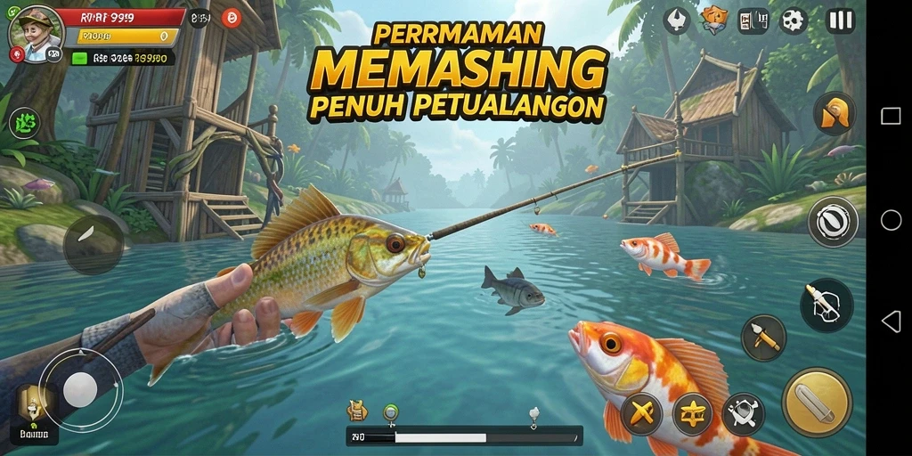 Tampilan gameplay menegangkan saat menangkap ikan besar di RR999.