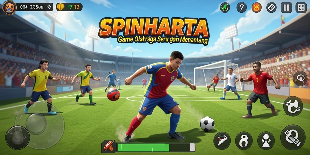Tangkapan layar gameplay SPINHARTA menampilkan aksi olahraga yang seru.